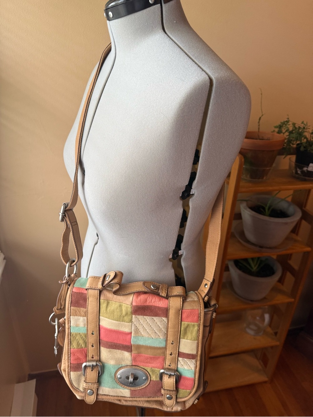 Fossil Patchwork Canvas and Tan Leather Crossbody with built in wallet